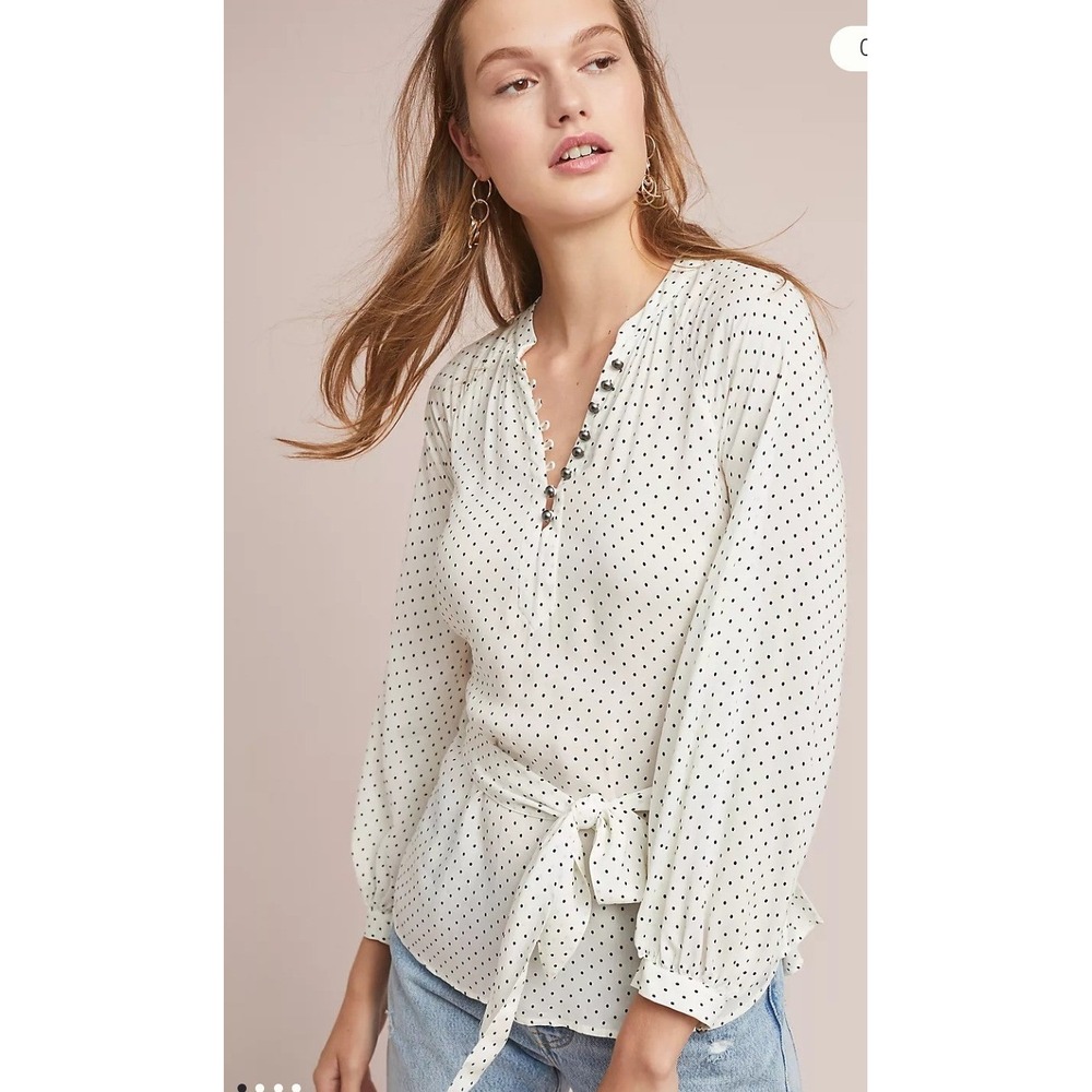 Maeve Anthropologie Lucy Polka Dot Blouse White Black Tie Waist Button Top 16